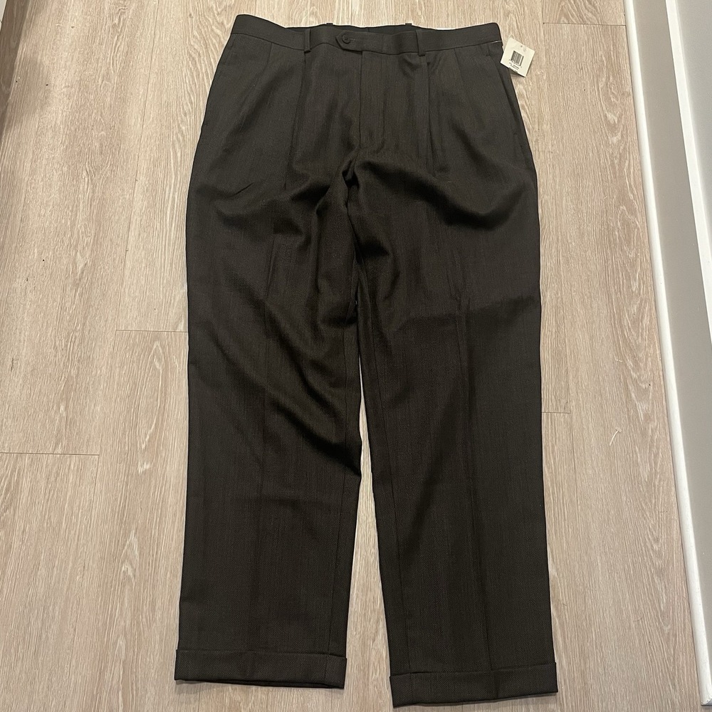 NWT Alfani Pants Mens 40x32 Brown Black 100% Wool Pleated Dress Work Trousers